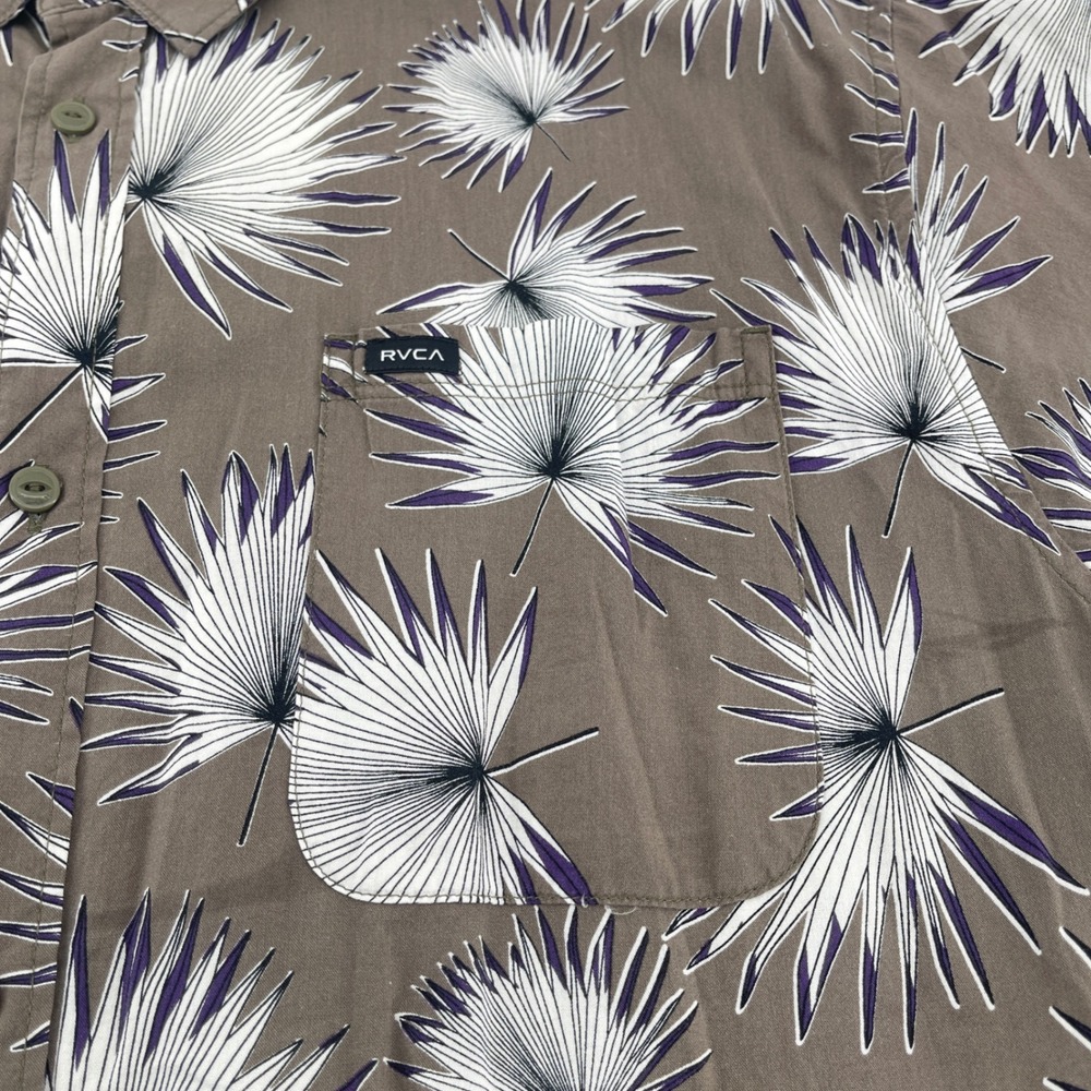 RVCA Mens XXL Slim Fit Short Sleeve Button Up Shirt Tropical Leaf Print Brown - Picture 6 of 11